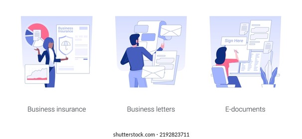 Business agreements isolated concept vector illustration set. Business insurance, reading letters from partners, e-documents, legal company documentation, correspondence vector cartoon.