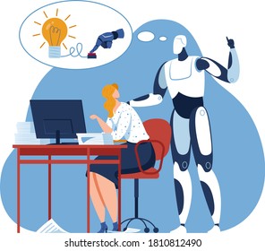 Business ai robot flat machine make idea, vector illustration. Human and artificial intelligence innovation character at creative cartoon work. Robotic creativity automation technology help.
