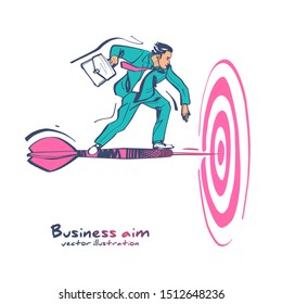 Business aim. Businessman with briefcase standing on dart to achieve business goal. Vector illustration sketch design. Solution to achieve mission. Direction victory. Aiming to target.