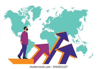 Business Aim Concept, Success In Business. Goals And Achievement Concept, Businessman Wearing Medical Mask. Strategy Direction And Opportunity Solution -concept. Vector Illustration.  EPS 10.