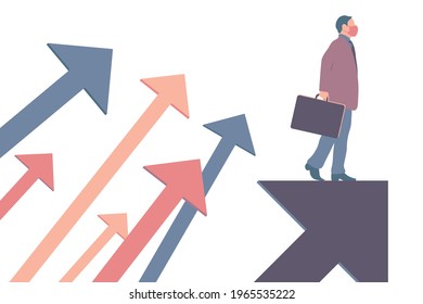 Business Aim Concept, Success In Business. Goals And Achievement Concept, Businessman Wearing Medical Mask. Strategy Direction And Opportunity Solution -concept. Vector Illustration.  EPS 10.