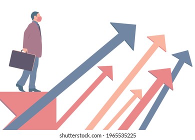 Business Aim Concept, Success In Business. Goals And Achievement Concept, Businessman Wearing Medical Mask. Strategy Direction And Opportunity Solution -concept. Vector Illustration.  EPS 10.