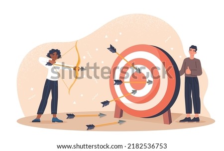 Business aim concept. Woman with bow trying to hit target. Metaphor for setting goals and objectives. Motivation and leadership, successful entrepreneur or worker. Cartoon flat vector illustration