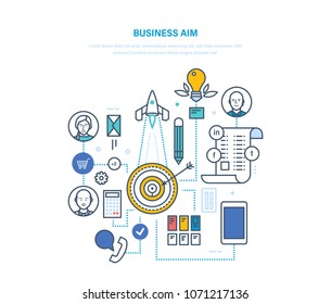 Business aim. Setting duciness goals and their achievement, work planning, strategy, financial objectives, fulfillment of mission company, commerce success growth. Illustration thin line design.