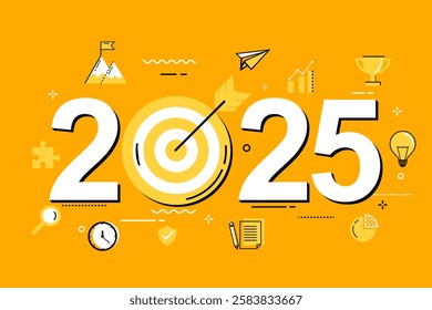 business aiming goal target 2025 on yellow for background. new year achievement concept. vector illustration banner flat design.