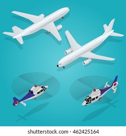 Business Aircraft. Corporate Or Private Jet. Airplane Passenger Plane. Helicopter. Flat 3d Vector Isometric Illustration. 