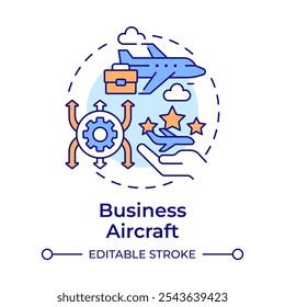 Business aircraft multi color concept icon. Private jet, luxury service. Commercial airplane. Round shape line illustration. Abstract idea. Graphic design. Easy to use in infographic, presentation