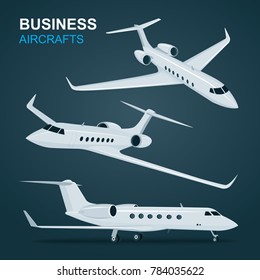 Business Aircraft set.
Airplane in profile, side view, from the front and top view isolated vector illustration.