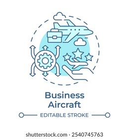 Business aircraft soft blue concept icon. Private jet, luxury service. Commercial airplane. Round shape line illustration. Abstract idea. Graphic design. Easy to use in infographic, presentation