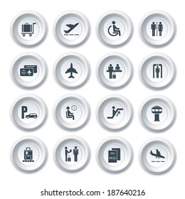 Business airport travel button icons set with plane security check baggage control isolated vector illustration