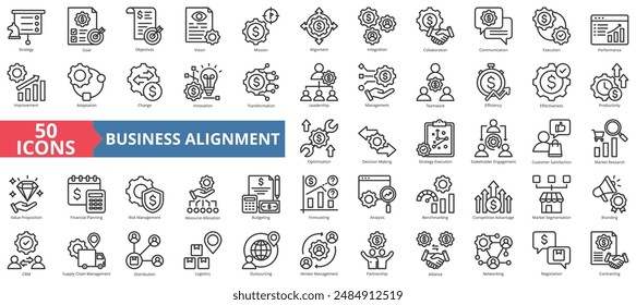 Business alignment icon collection set. Containing strategy, goal, objectives, mission, alignment, integration, collaboration icon. Simple line vector.