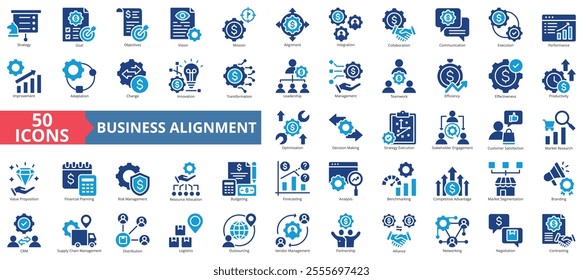 Business alignment icon collection set. Containing strategy, goal, objectives, mission, alignment, integration, collaboration icon. Simple flat vector.