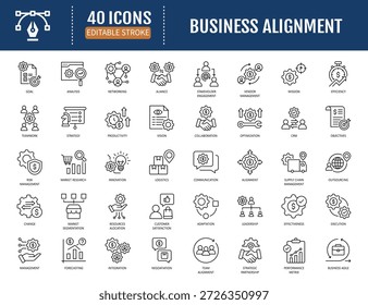 Conjunto de iconos de alineación empresarial. Incluye la estrategia,
objetivo, objetivos, misión, alineación, integración.
Ilustración vectorial con trazos editables