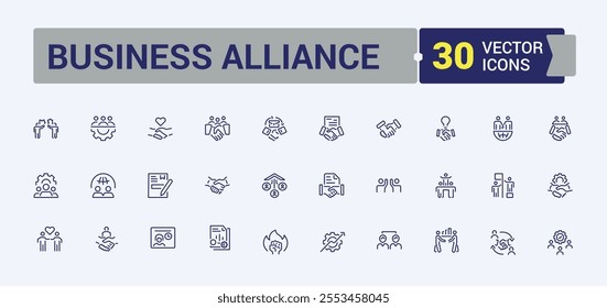 Business Alliance icon collection. Featuring group, service, organization, hand, assistance and more. Outline symbol collection. Vector icons editable stroke.