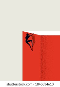 Business ambition and achievement for businesswoman vector concept. Woman climbs on top of cliff. Symbol of success, career, leadership. Eps10 illustration.