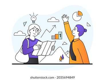 Business ambition and achievement concept. Man and woman with map go together to goal. Metaphor for strategy for achieving success. Cartoon doodle flat vector illustration isolated on white background
