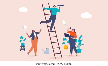 Business ambition and aspiration - Team of people looking for opportunities with binocular on top of ladder. Corporate cartoon style vector illustration in flat design