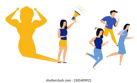 Business Ambition Leader Woman Vector Illustration Concept. Superwoman Cape Challenge Leadership. Super Shadow Businesswoman Success Achievement. Career Progress Person Goal. Motivation Vision Idea