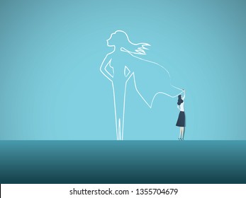 Business ambition and motivation vector concept with businesswoman drawing superhero on wall. Symbol of confidence, career growth, power, strength, feminism and emancipation. Eps10 vector illustration