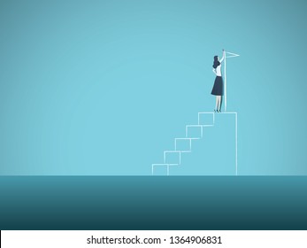 Business ambition and motivation vector concept with businesswoman drawing steps and flag. Symbol of goals, plans, emancipation, success, vision and career progress. Eps10 vector illustration.