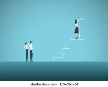 Business ambition and motivation vector concept with businesswoman drawing steps and flag. Symbol of goals, plans, emancipation, success, vision and career progress. Eps10 illustration.