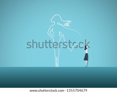 Business ambition and motivation vector concept with businesswoman drawing superhero on wall. Symbol of confidence, career growth, power, strength, feminism and emancipation. Eps10 vector illustration