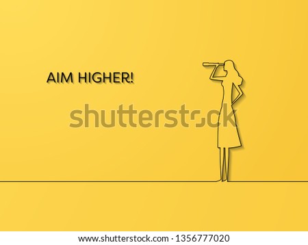 Business ambition and motivation vector concept with businesswoman and telescope. Symbol of leadership, success, aspirations, future and visionary. Eps10 vector illustration.