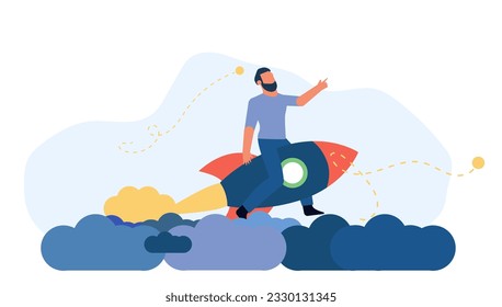 Business ambition move up motivation success sky man. Space rocket businessman fly concept vector achievement illustration leadership career. Progress challenge target goal job. Banner direction high
