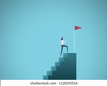 Business ambition and success vector concept. Ambitious and successful business woman climbing to top of steps. Symbol of motivation, challenge, success. Eps10 vector illustration.