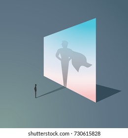 Business ambition and success vector concept. Businessman with superhero shadow as symbol of power, leadership, courage, bravery. Eps10 vector illustration.