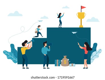 Business ambition vector concept with businessman jump on graph columns. Success, achievment, motivation business symbol with sack of money.