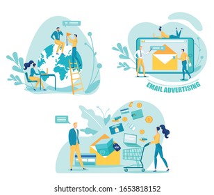 Business Ambitions Flat Vector Illustrations Set. Striving toward Success. Web Promotion Technology. People Creating Email Newsletter Together. Woman with Shopping Cart. Customers Cartoon Characters