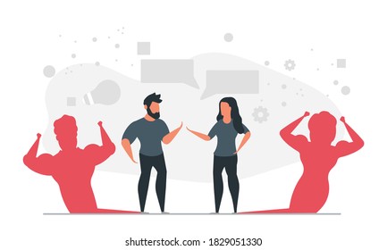 Business ambitions of talented people. A man and a woman show in the form of a strong shadow what their ambitions are concept vector illustration