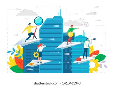 Business ambitions vector, businessman with magnifying glass and woman holding cogwheel in hands, cityscape and paper planes with workers on top flat, achievement leadership career. Search new idea