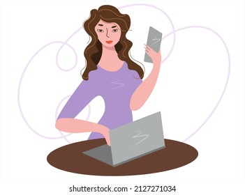 Business ambitious woman works at home or in the office. Nice lady with mobile phone and laptop at workplace. Work, study, rest. Freelance. Vector isolated in cartoon flat style.