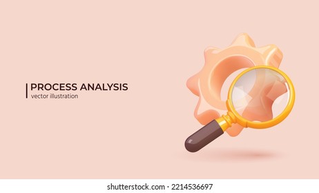 Business Analysis 3D Concept. Measuring, Testing and Comparing business process, Cogwheel with Magnifying Glass for Performance metrics to bests. 3D Vector illustration in cartoon minimal style.