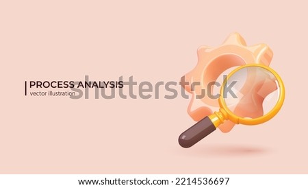Business Analysis 3D Concept. Measuring, Testing and Comparing business process, Cogwheel with Magnifying Glass for Performance metrics to bests. 3D Vector illustration in cartoon minimal style.