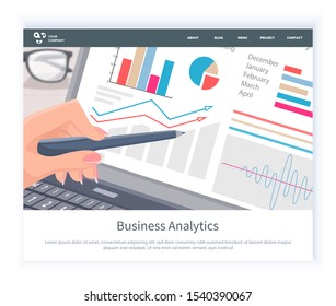 Business analysis 3d, worker hand with pen showing diagram and chart with pointer, information poster glasses on table, reports in tablet vector. Website or webpage template, landing page flat style