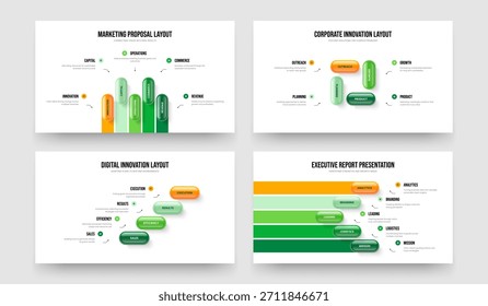 Análisis de negocios 5 Colección de diseño de diapositivas de infografía de 4 elementos. Profesional Lanzamiento Cinco Diagrama de Cuatro Opciones Presentación de Diapositivas Diseño Ilustración vectorial Set.