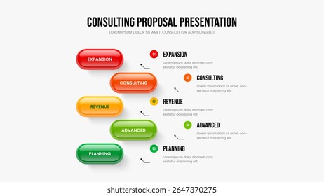 Business Analysis 5 Element Infographic Presentation Layout. Advertising Introduction Five Step Diagram Slide Template. Modern Innovation Frame Design Vector Illustration.