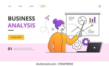Business analysis abstract concept, Outline minimal style cartoon vector illustration with fictional character. Website, webpage, landing page template.