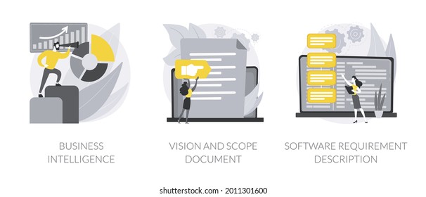 Business Analysis Abstraktes Konzept Vektorgrafik Set. Business Intelligence, Vision- und Scope-Dokument, Beschreibung der Softwareanforderungen, abstrakte Metapher für das Software-agile Projektmanagement.