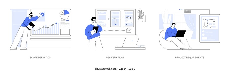 IT business analysis abstract concept vector illustration set. Scope definition, delivery plan, project requirements, startup development, data management, stakeholder analysis abstract metaphor.