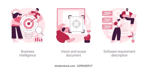 Business analysis abstract concept vector illustration set. Business Intelligence, vision and scope document, software requirement description, software agile project management abstract metaphor.