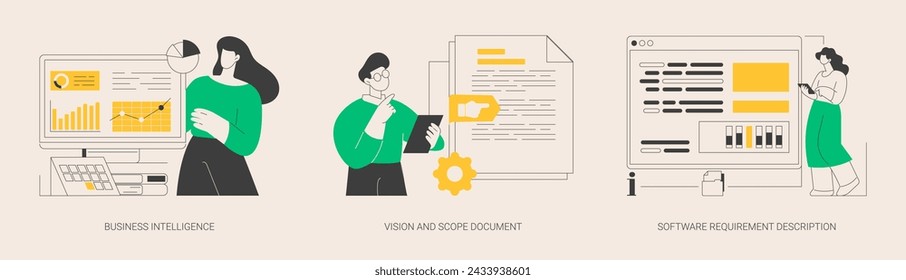 Business analysis abstract concept vector illustration set. Business Intelligence, vision and scope document, software requirement description, software agile project management abstract metaphor.