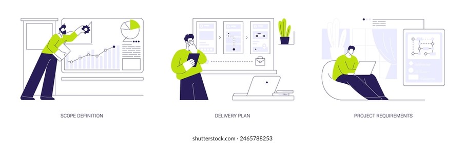 IT business analysis abstract concept vector illustration set. Scope definition, delivery plan, project requirements, startup development, data management, stakeholder analysis abstract metaphor.