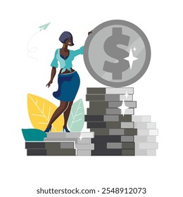 Business analysis. African American business lady with silver dollar coin climbing up stacks of pennies. Investment, people. Presentation of finances. Money and profit, success. Vector illustration