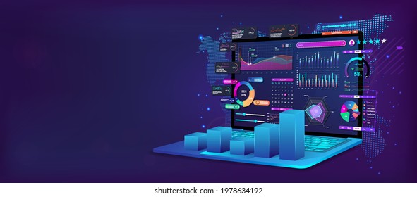 Business analysis and analytics online through the application on a laptop. Dashboard app with business analytics data, charts,  investment, trade and finance management. Vector illustration 