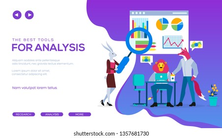 Business analysis app flat landing page template. SEO, SMM web banner vector layout. Marketers analyzing statistics. Infographics, graphs, charts. Animal metaphor for analysts, brokers