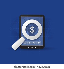 Business Analysis, Audit or Financial Report Concept, Findings with Dollar Sign, Mobile Device and Magnifier